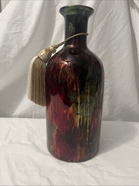 Ceramic Accent Vase in Burgundy, Gold and Green with tassel.